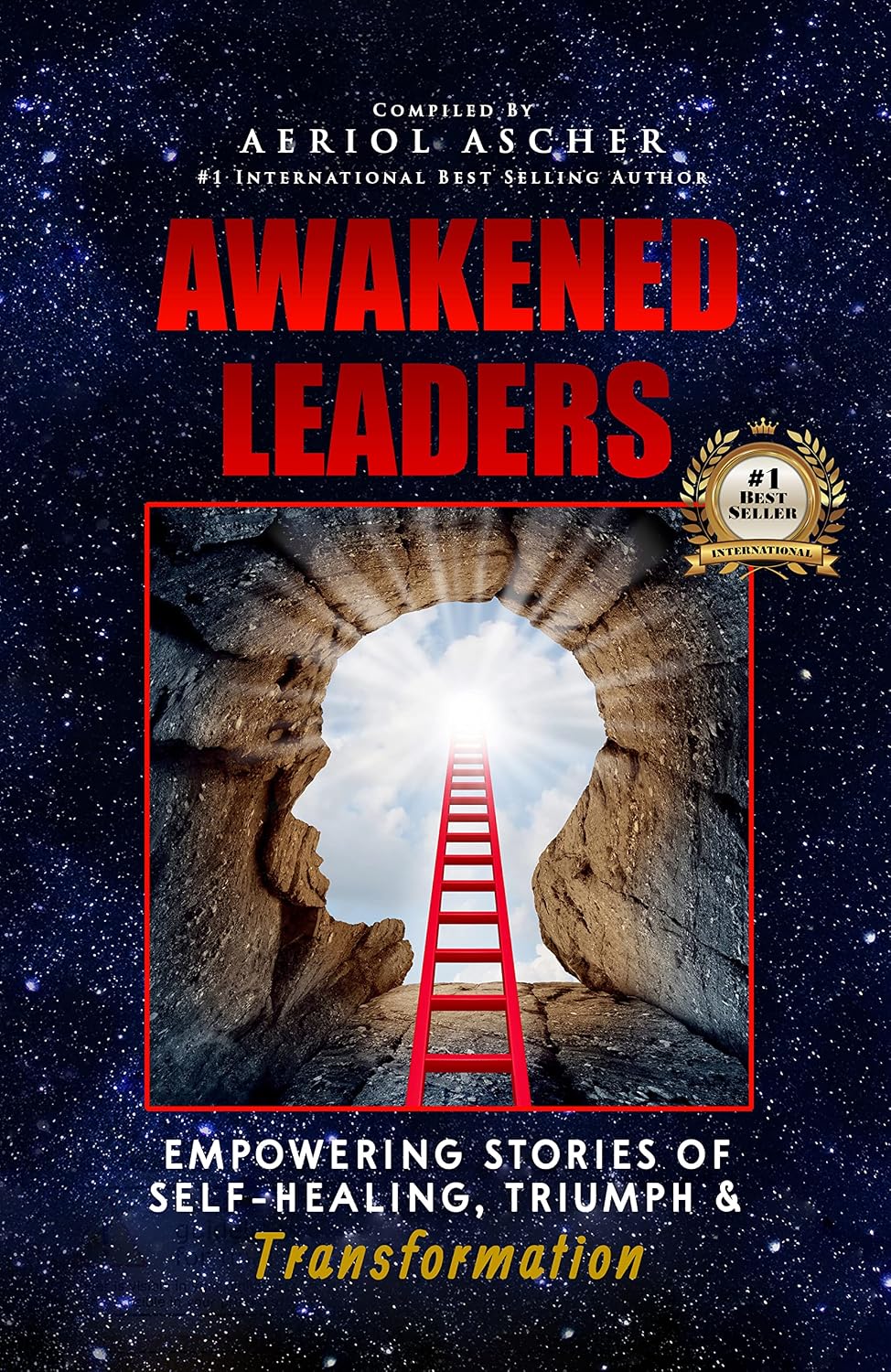 Cover of Awakened Leaders, compiled by Aeriol Ascher, with a red ladder climbing toward light through a rocky cave