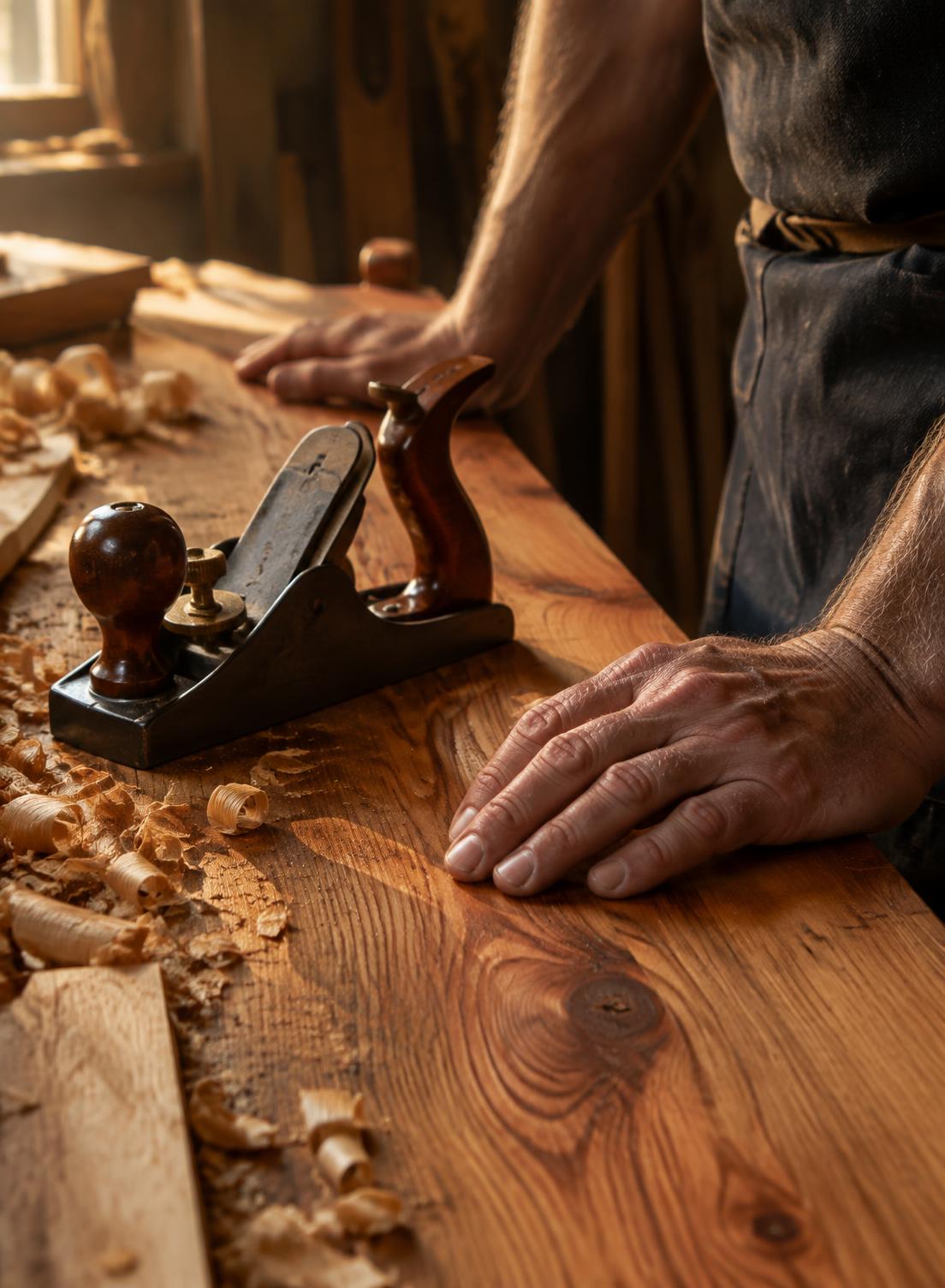 Carpenter’s hands beside a hand plane on a cedar workbench