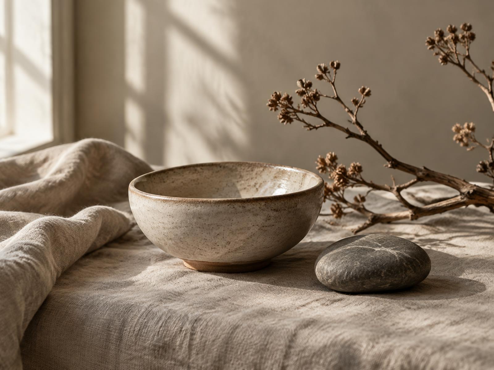 Handmade ceramic bowl, river stone, linen, and dried branch in natural window light