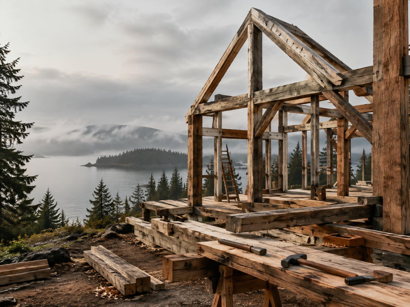 Timber home frame overlooking a misty Pacific Northwest island